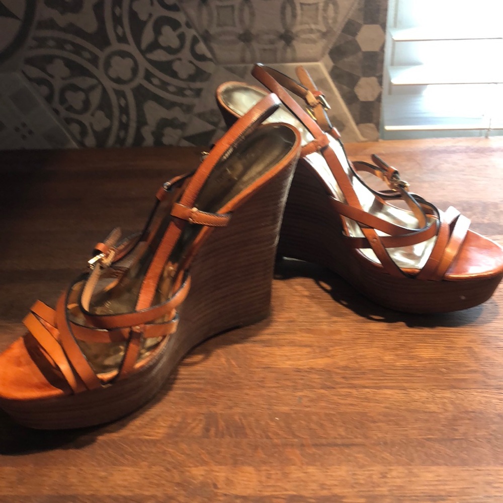 Coach Brown Leather Strappy Platform Wedge Sandals
